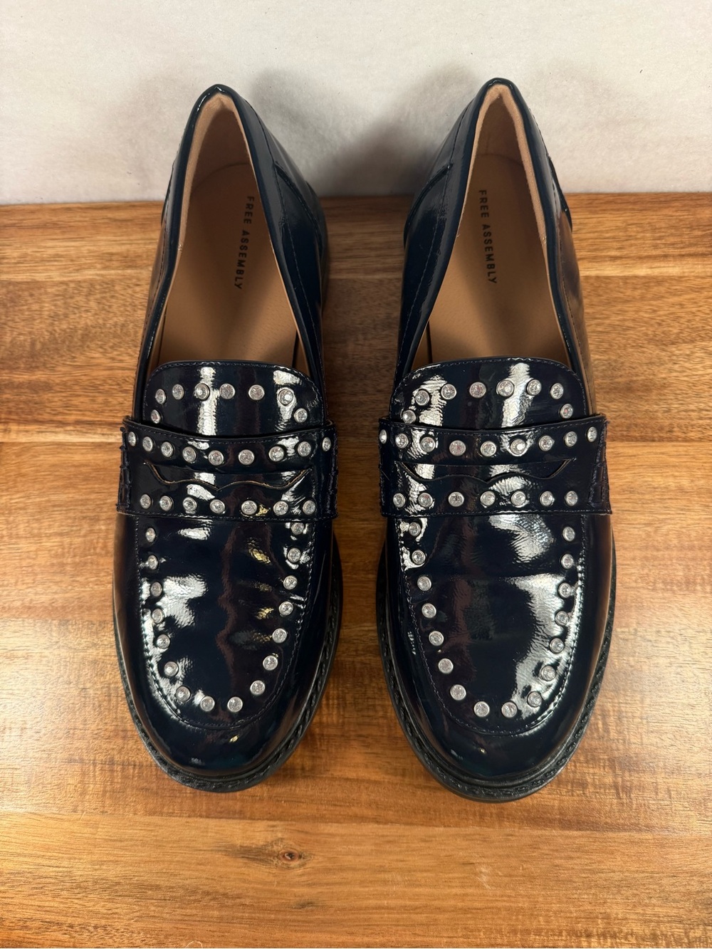 Free Assembly Dark Navy Faux-Leather Studded Penny Loafers Size 9.5